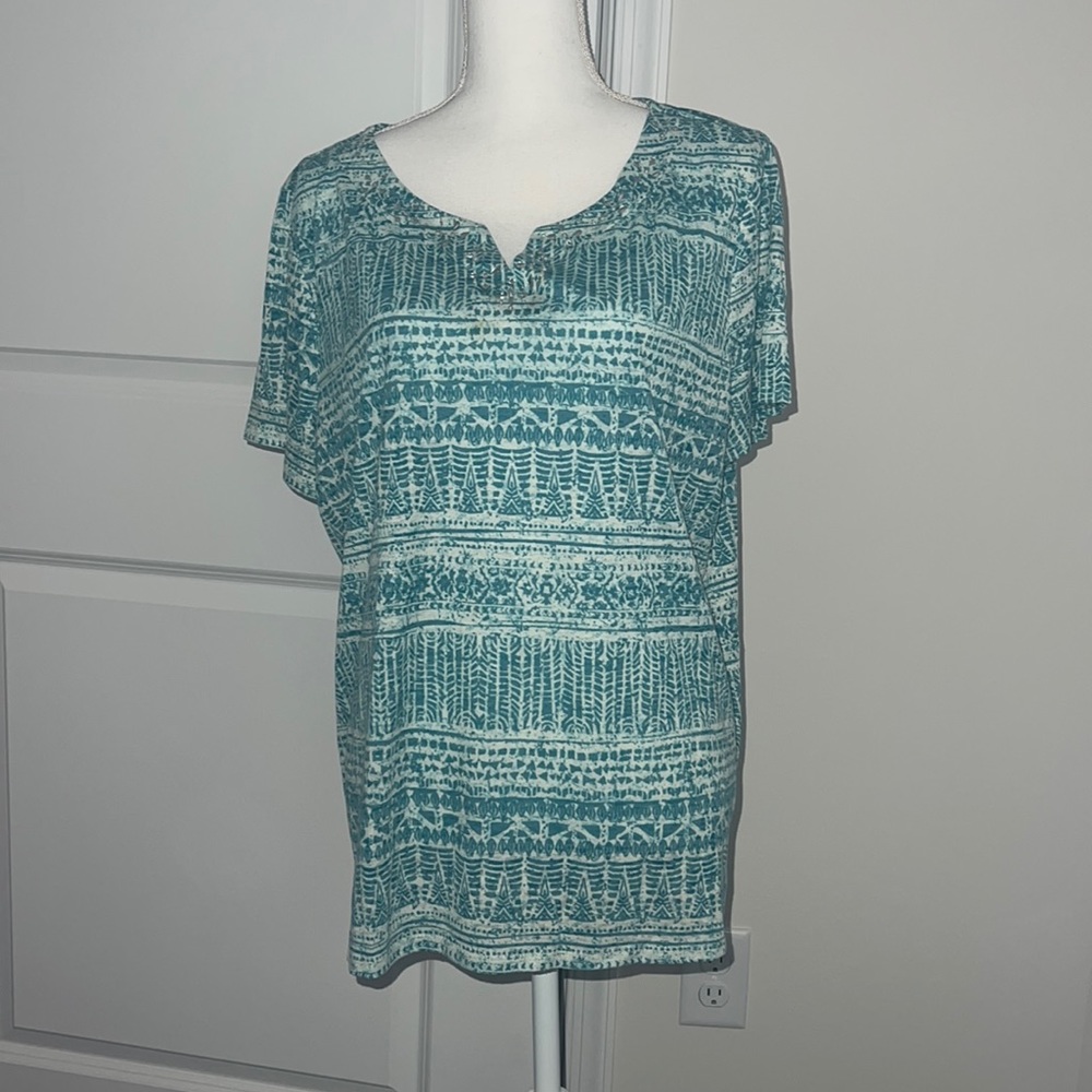LNWOT. Erika XL teal & white short sleeve tee with rhinestone accents.